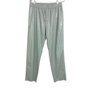 Zara Pants Women Medium Green Wide Leg Faux Leather Raw Hem Elastic Waist Office